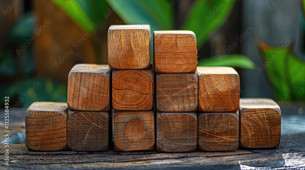 Poster a stack of wooden blocks sits on a wooden table, perfect for building or crafting
