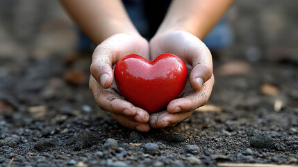 Fototapeta premium Child's hands holding a bright red heart over moist soil. The image symbolizes hope, love, and connection with nature, emphasizing a message of care and responsibility. Generated with AI.