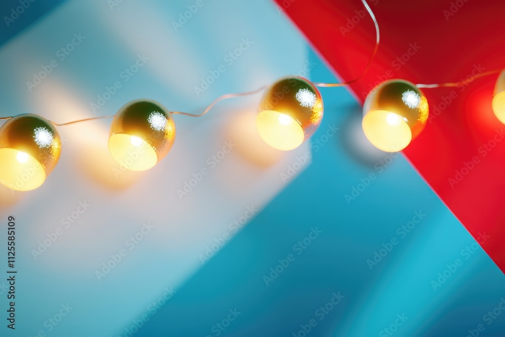 Poster decorative string lights hanging from a colorful red and blue wall