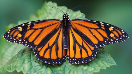 Fototapeta premium Close-up of a monarch butterfly with wings spread wide, perched on a green leaf.