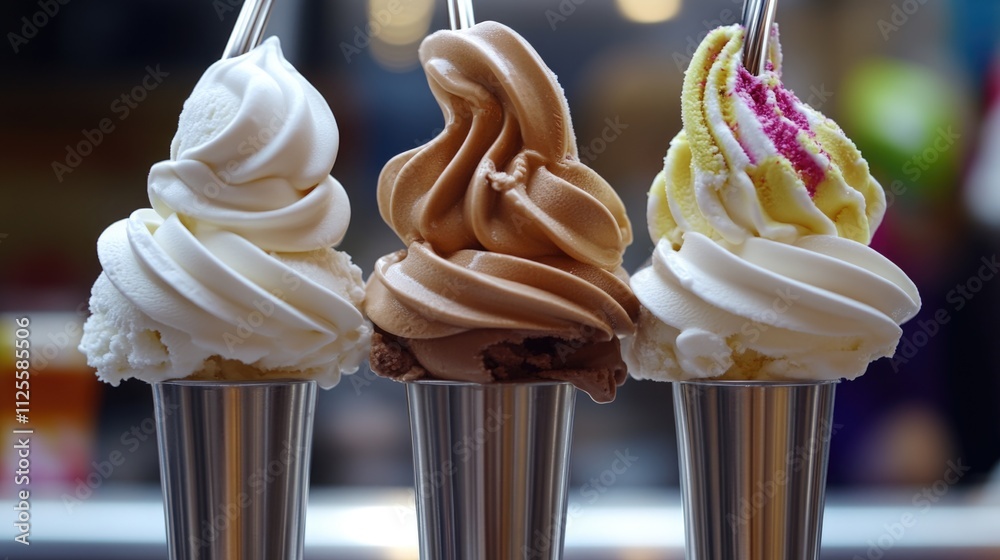 Poster a selection of three flavored ice cream cones arranged in a metal cup
