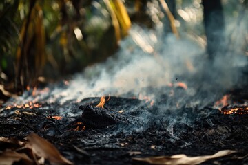 A close-up shot of a fire burning in the midst of a forest, with trees and foliage surrounding it
