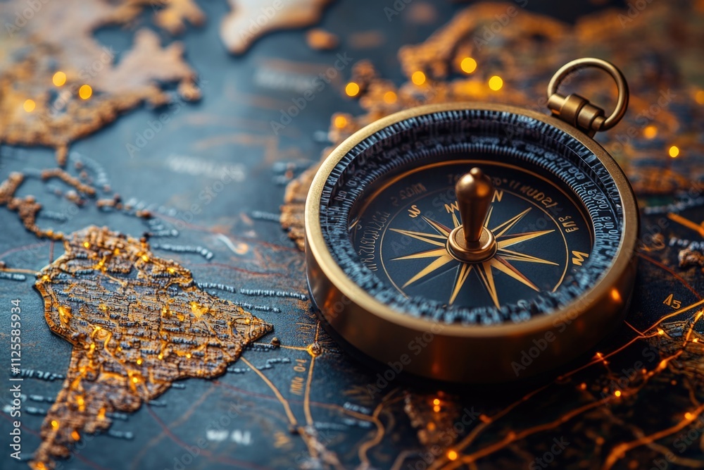 Poster a close-up view of a compass on a map, perfect for travel or adventure themed projects