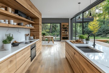 Fototapeta premium Modern kitchen with wooden cabinets, marble countertops, and large windows overlooking a garden.