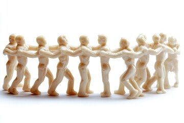 Group of small toy figures holding hands, suitable for illustrations or design