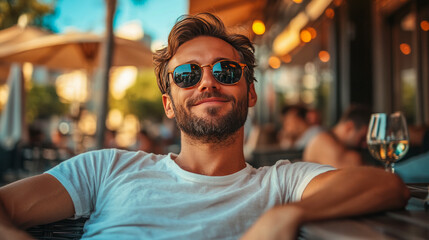 Fototapeta premium Relaxed young caucasian male enjoying outdoor café on a sunny day