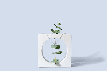 Decorative podium with stylish necklace and eucalyptus on grey background