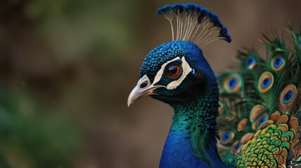 Obraz premium Close-up peacock profile, vibrant plumage, beautiful eyes, majestic bird.