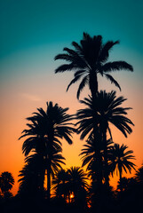 Obraz premium A line of tall, graceful palm trees swaying in a gentle breeze, set against a warm, pastel-colored sky during golden hour. The textures of the trunks and fronds are in sharp focus