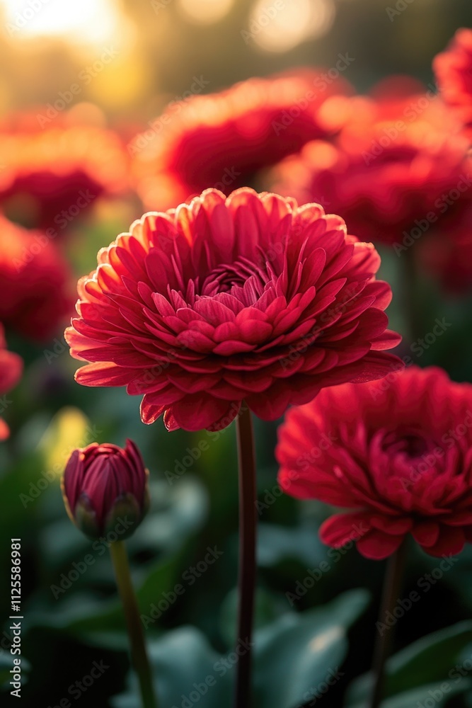 Poster a close-up shot of a vibrant red flower bouquet with multiple blooms and greenery