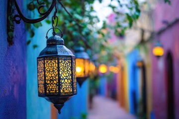 A lantern hanging from the side of a building at night, providing light in a dark environment