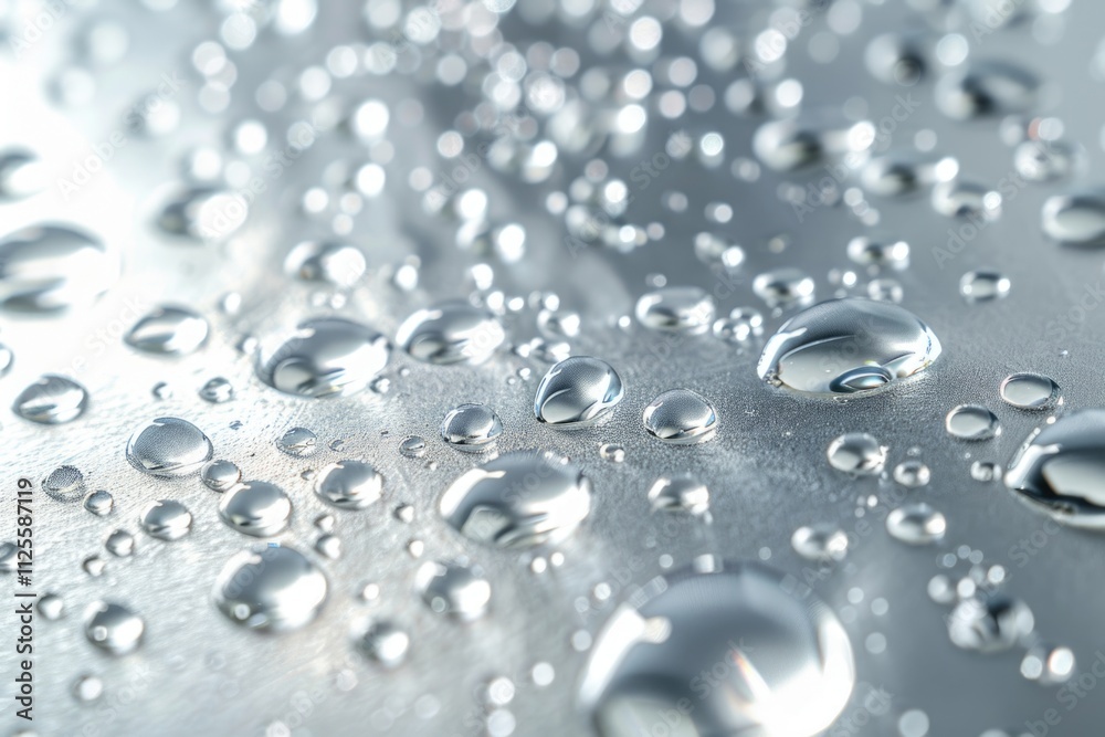 Poster Close-up view of water droplets on a metallic surface, ideal for use in science or technology related contexts
