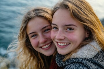Obraz premium Two young women posing by the water, looking at the camera