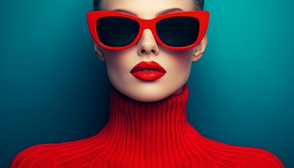Close-up Portrait of a Woman Wearing Red Sunglasses and a Stylish Turtleneck, Blue Background
