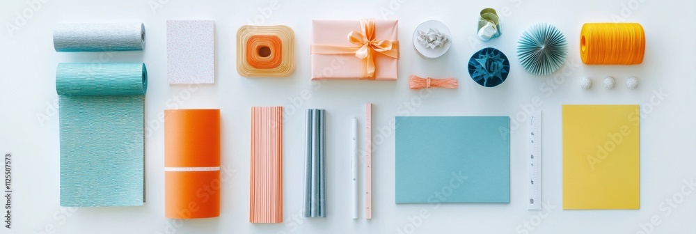 Aufkleber brightly colored wrapping paper, ribbons, and cards are organized on a flat surface, providing space