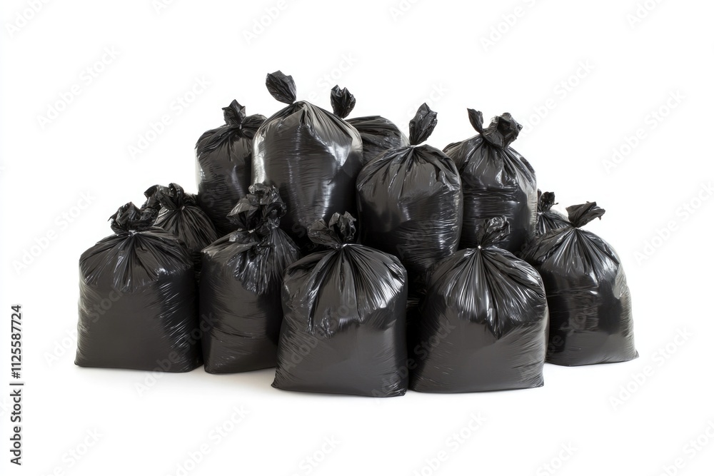 Poster a pile of black garbage bags stacked on top of each other, often used for waste management and dispo