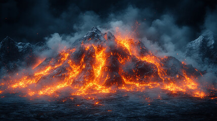breathtaking volcanic mountain eruption at dusk, showcasing fiery lava, thick smoke, and glowing skies. A dramatic representation of nature’s power, creation, and destruction in vibrant detail