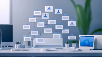 Digital team network concept in modern office with blue nodes and blurred background