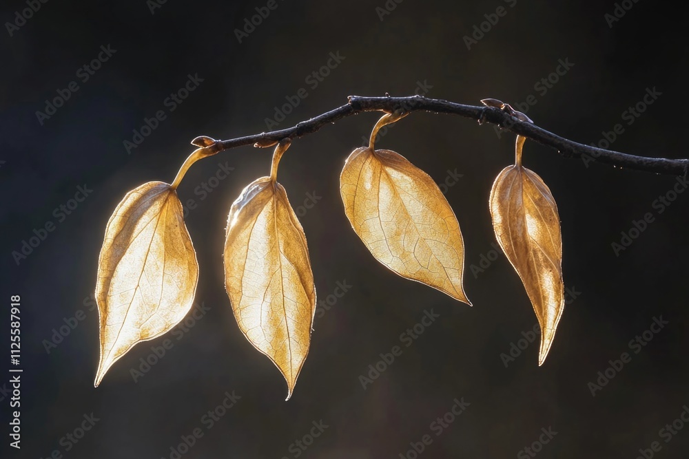 Poster close-up of dried leaves hanging from a tree branch, rustic and natural setting