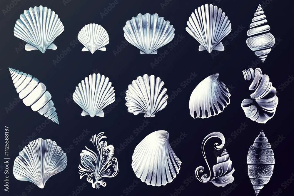 Poster A collection of various shells on a black background