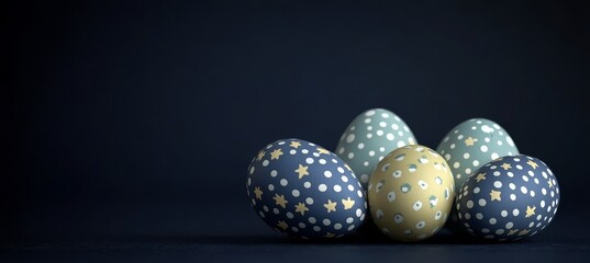 Five Navy and Beige Easter Eggs with Glitter Polka Dot Patterns on Navy Background, Copy Space