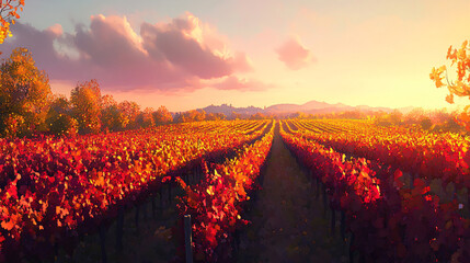 Fototapeta premium Sunset over a vineyard in autumn, with rows of vines and colorful leaves reflecting the warm light