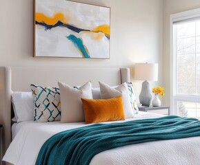 Bright Bedroom with Teal Throw and Decorative Pillows