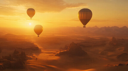 Obraz premium Sunset view of hot air balloons above a desert, glowing against the golden sky