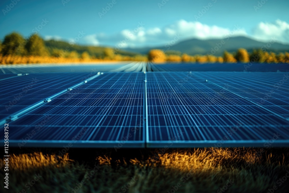 Poster a solar panel installed in an open field with green grass and blue sky