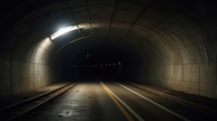 Dark tunnel with road and railway tracks.