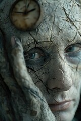 A close-up shot of a person's face with a clock embedded into the skin, possibly as part of body art or a prosthetic device