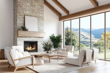 Fototapeta premium Rustic Living Room with Scenic Countryside Views