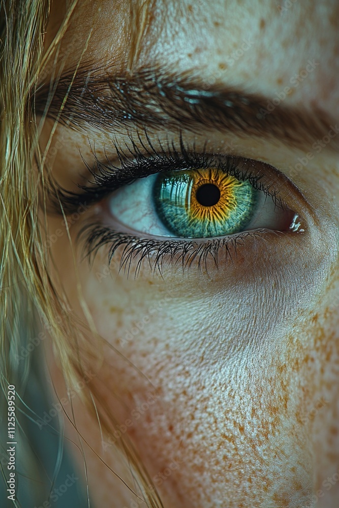 Poster a close-up shot of a person's eye with distinctive freckles, suitable for use in portraits or as a d