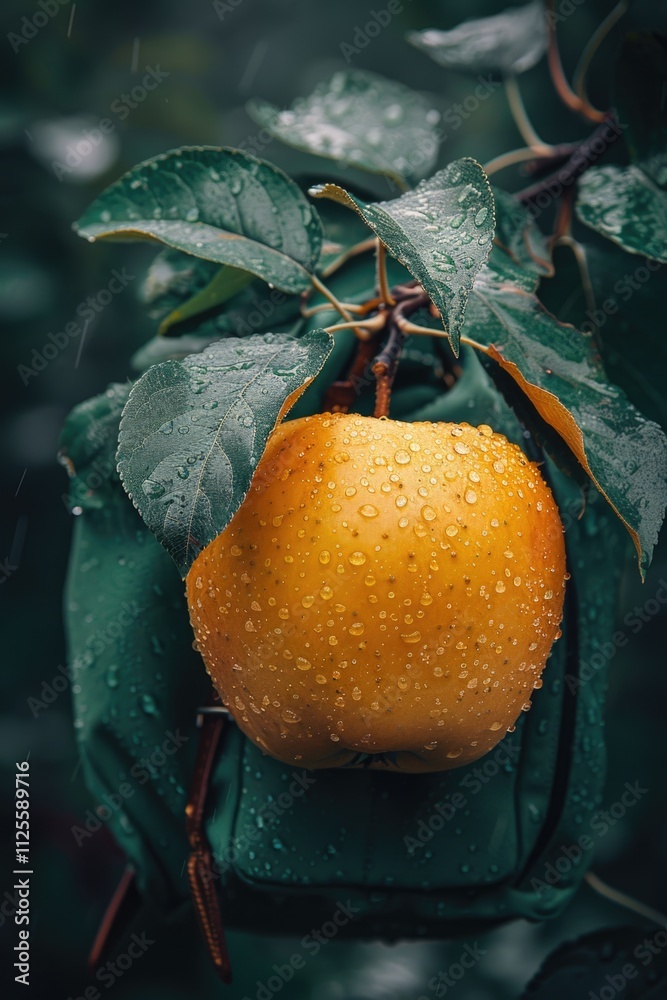 Poster a close-up shot of an orange growing on a tree branch