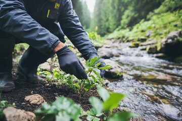 A person in a black jacket and gloves collecting weeds from the ground
