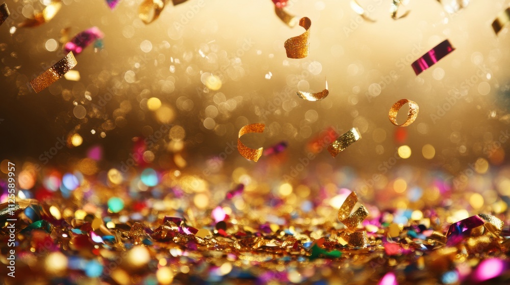 Poster falling confetti and curling ribbons create a vibrant atmosphere, set against a sparkling golden bac