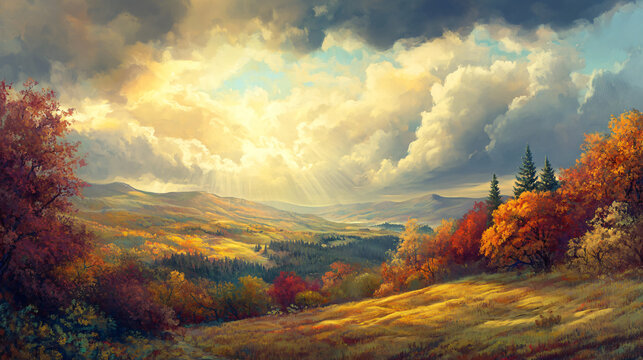 Sweeping autumn hills with colorful trees and soft rays of light breaking through the clouds