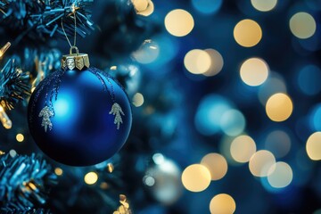 Obraz premium A blue glass ornament hangs from the branches of a decorated Christmas tree