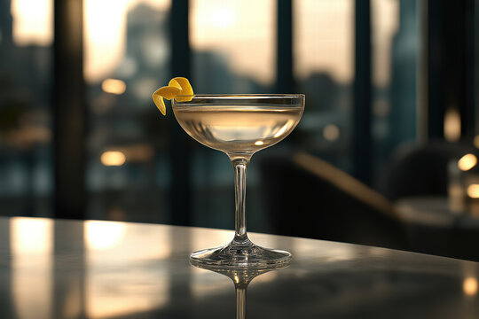 A photo of a Vesper cocktail with a lemon twist on a modern stone bar table and background in a high class city lounge.