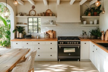 Fototapeta premium Sunlit kitchen with white cabinets, wooden countertops, and farmhouse style.