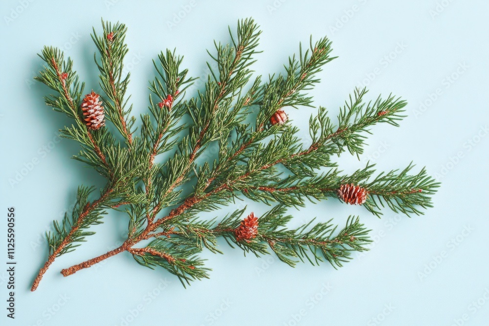 Poster a photograph of a pine tree with cones attached to its branches