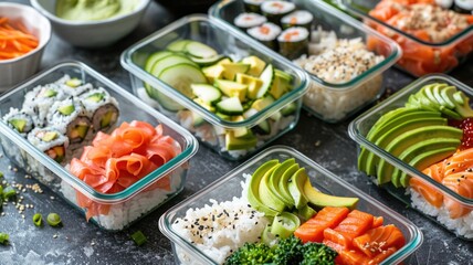 Healthy meal prep with sushi and fresh vegetables in glass containers for a balanced lunch