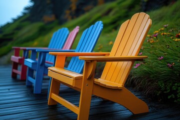 A row of colorful Adirondack chairs sitting on top of a wooden deck, perfect for outdoor gatherings and relaxation