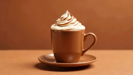 Warm cappuccino with whipped cream in brown cup on saucer, mocha mousse