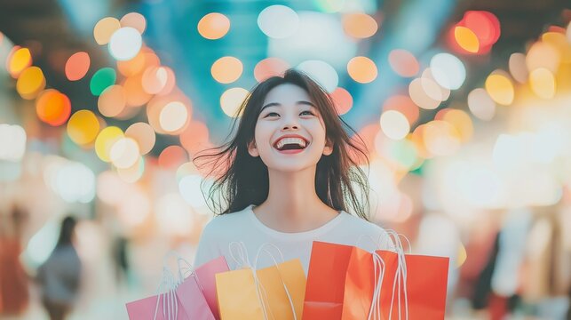 Cheerful Happy Asian Woman Enjoying Shopping with Bright Smiles