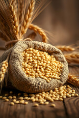 A burlap sack filled with golden wheat seeds, surrounded by stalks of wheat tied together with twine. The scene is rustic, set on a wooden surface with warm, soft lighting for a harvest-inspired photo