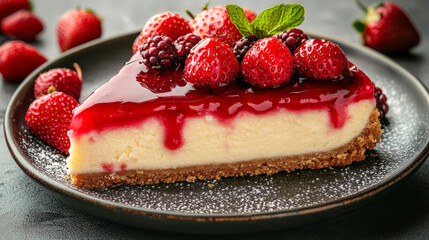 Delicious slice of cheesecake with fresh berries and mint on a plate