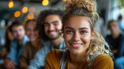 Obraz premium Happy young woman smiling with friends in background.