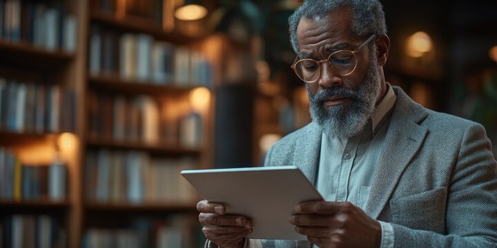 A person with a beard works on a tablet computer
