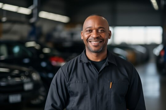Portrait of a middle aged African American car mechanic in workshop